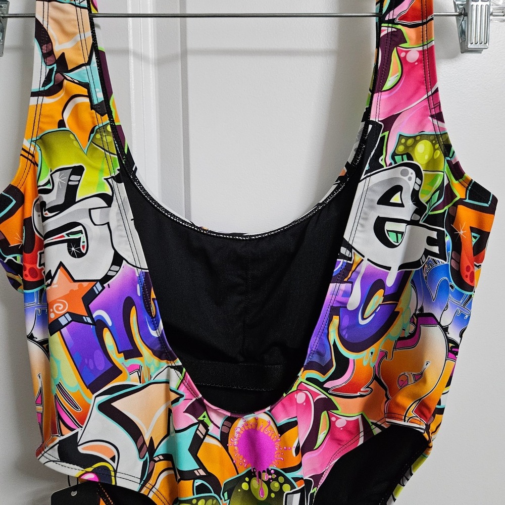 NWT Fashion Nova Swimsuit Women Lg Multicolor Not That Graffiti 1 Piece High Leg - Picture 7 of 12
